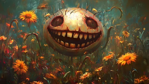 Grotesque smiling orb among glowing wildflowers at dusk.