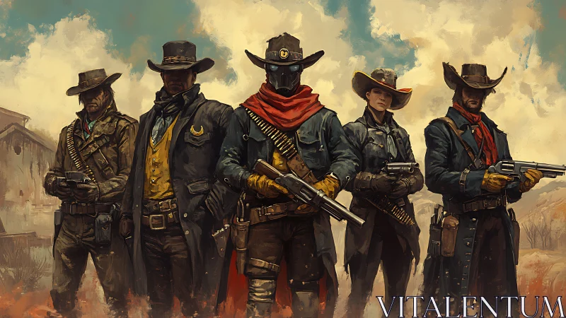 Armed western posse in symmetrical formation under diffuse desert sky