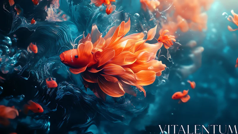 Luminous petal-finned goldfish drifting through liquid starlight.