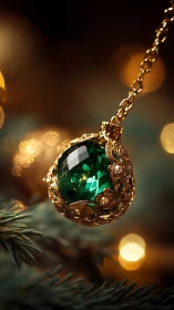 Emerald ornament glows softly on a golden festive chain