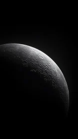 Lunar crescent reveals cratered surface in stark shadow.