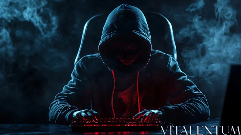 Obscured cyber-operator at illuminated keyboard in dense vapor.