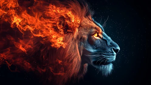 Solar-maned lion burning forward through cosmic night.