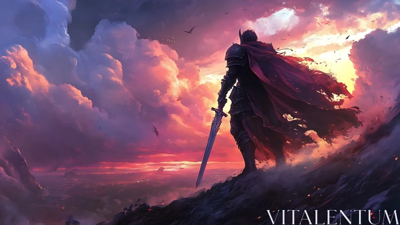Armored warrior overlooks burning horizon at twilight sky.