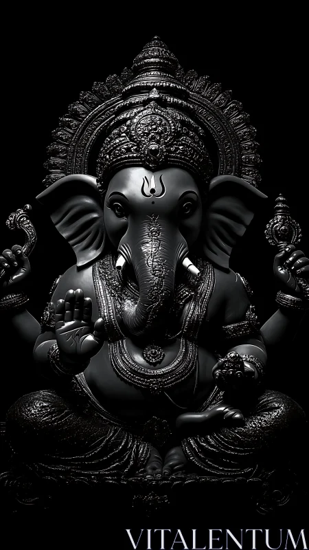 Monochrome Ganesh icon in high-contrast 3D sculptural relief.