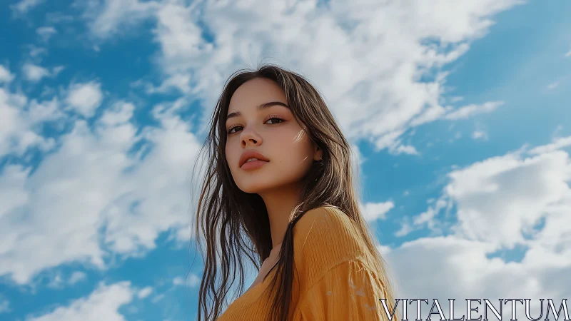 Sunlit daydreamer gazes upward beneath wandering summer clouds.