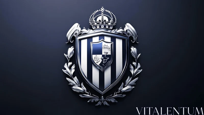 Metallic heraldic shield with crown and laurel on dark field.