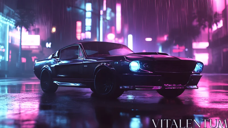 Retro muscle car glows under neon rain in cyber city streets.