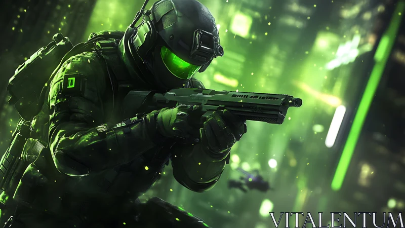 Neon-shrouded cyber soldier steadies aim in emerald haze