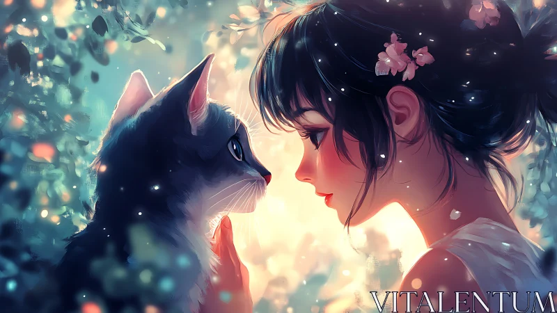 Girl and cat share a glowing forest moment of quiet connection.