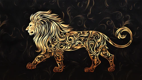 Gilded swirl-lion striding through midnight arabesques.