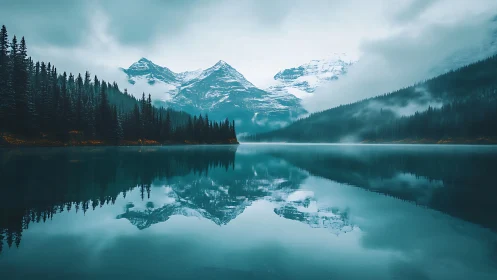 Snowy mountain lake with pine forest and calm reflection.