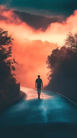 Silhouette on wet road against dense orange mist at dusk.