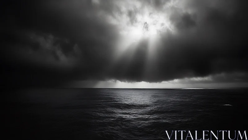 Monochrome seascape under dense storm clouds with sun rays.