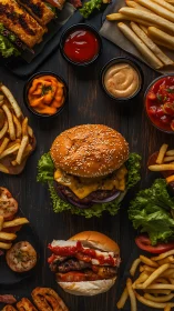 Gourmet cheeseburger platter with fries and dipping sauces.