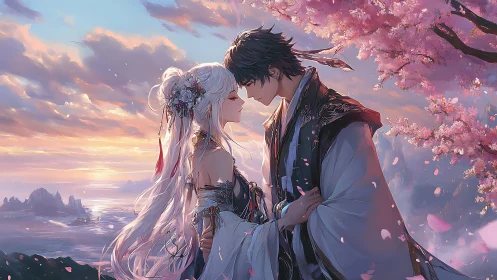 Lovers share a tender moment beneath soft cherry blossoms