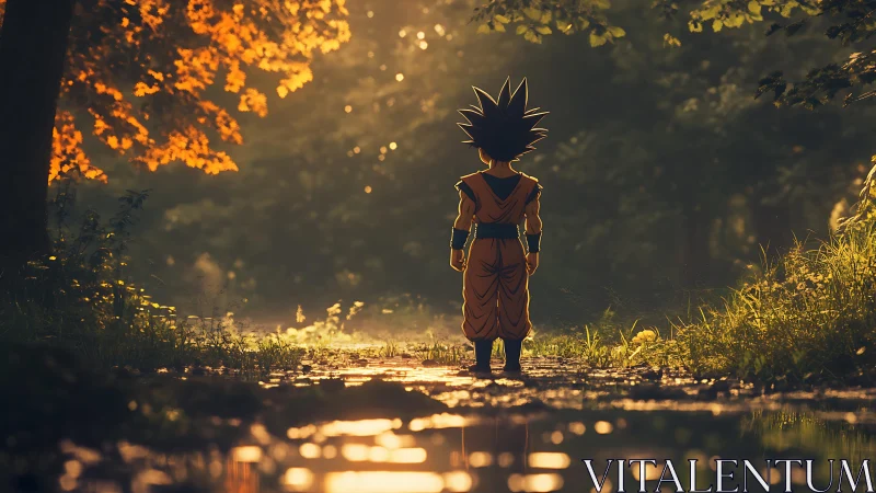 Sunlit forest path with a small hero ready for adventure.