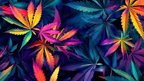 Neon cannabis leaves overlap in saturated rainbow palette