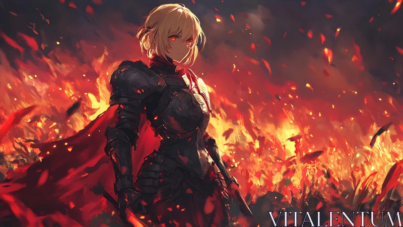 Firelit knight breathes calm ruin into a storm of embers