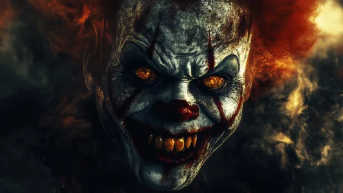 Demonic clown portrait glows through smoke with burning eyes