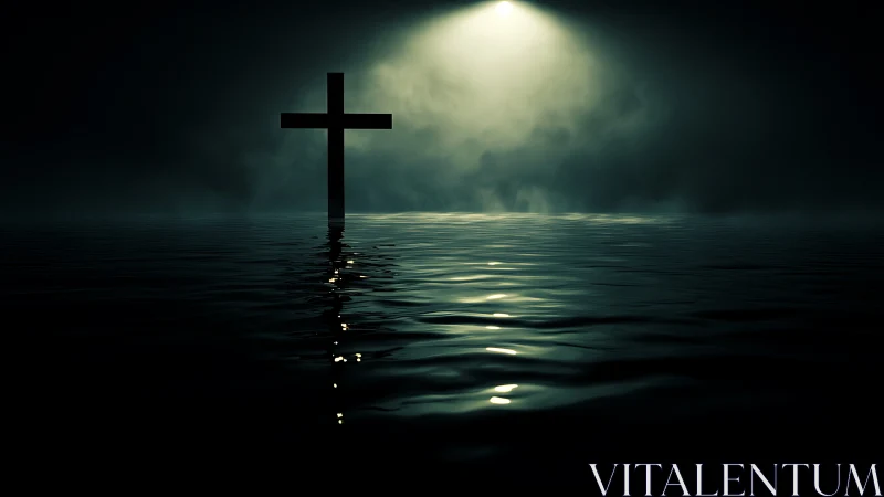 Dark seascape with lone cross under focused spotlight.