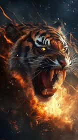 Rendered tiger head appears amid stylized flame effects