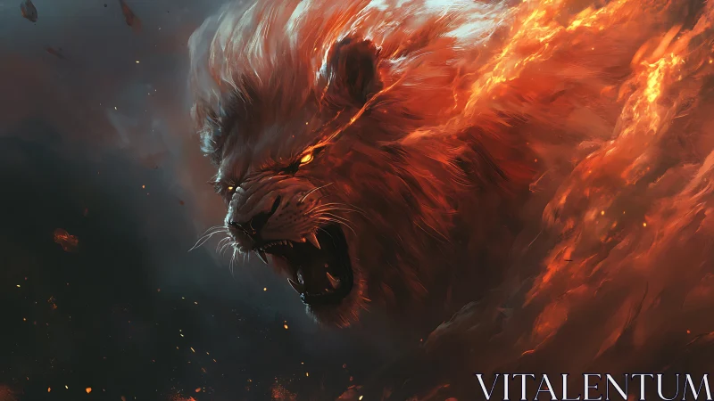 Flaming lion head roaring through swirling inferno storm.