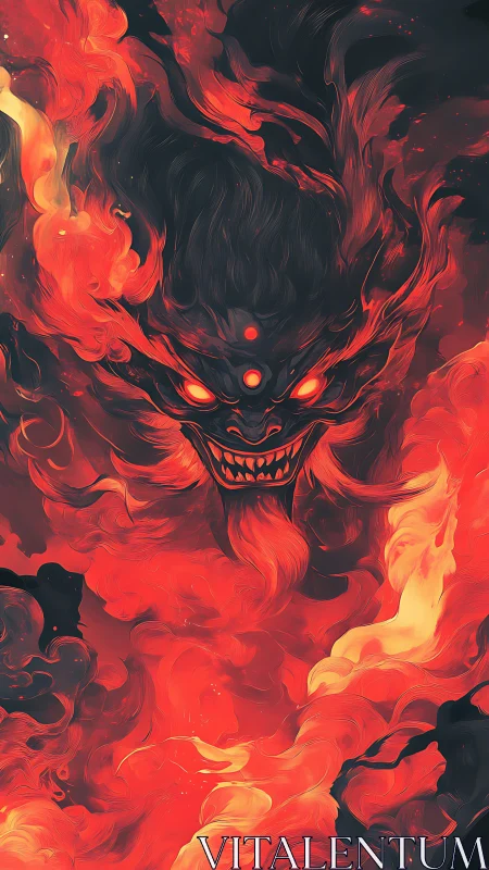 Infernal tri-eyed fire demon emerging from swirling embers