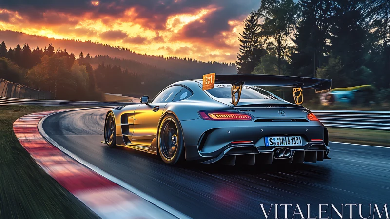 Sunset track sprint with a sleek silver race machine.