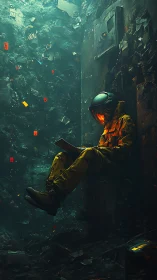 Solitary astronaut reader in submerged debris-lit corridor.