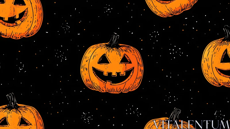 Repeating carved pumpkins pattern on black starry background.
