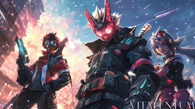 Cyberpunk trio under neon sky in dynamic battle stance.