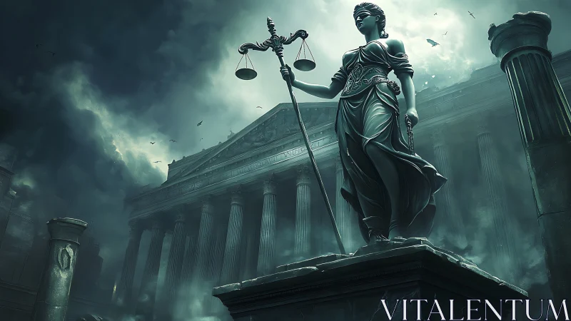 Stormlit guardian of justice above an ancient tribunal.