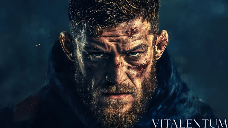Battle-scarred gaze of a storm-worn warrior at midnight.