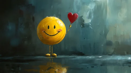 Smiley emoticon holding heart balloon in moody impasto field.