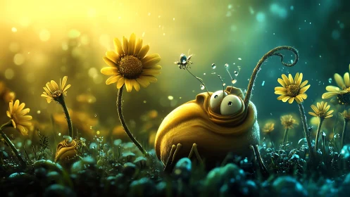 Playful garden snail sharing a glowing dawn moment with bee.