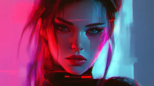 Neon-lit cyber heroine gazing with intense electric calm.