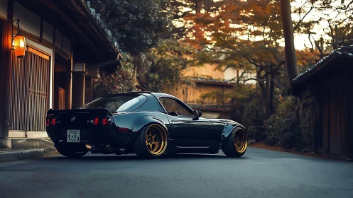 Modified black sports car parked on quiet Japanese street.