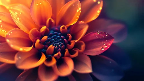 Radiant Dahlia with Dewdrops Glowing in Warm Light