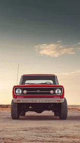 Red vintage off road truck on desert terrain at dusk.