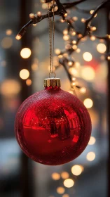 Red glass ornament with glitter bokeh lights background.