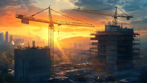Golden Hour Construction Symphony: Where Cranes Dance at Dusk.