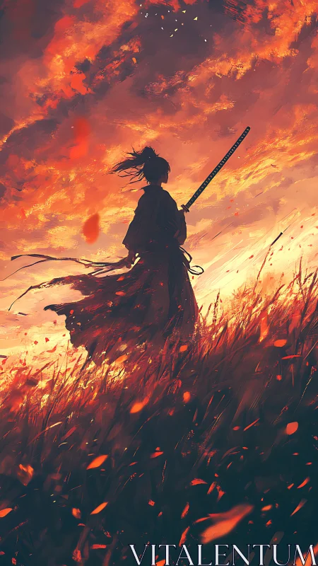 Samurai silhouette holds katana under blazing sunset sky.