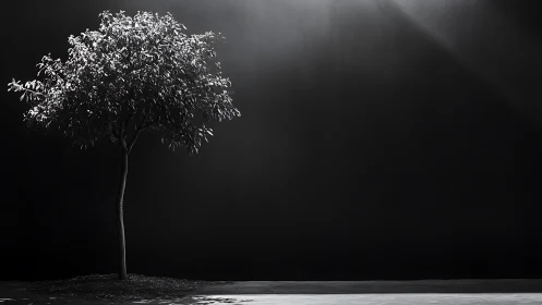 Solitary tree in hard side light against dark backdrop.