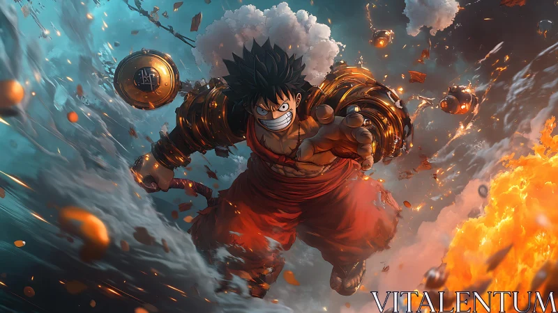 Dynamic anime warrior lunges forward through fire and storm