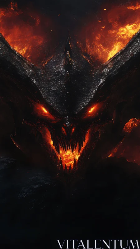 Volcanic demon visage emerges from molten darkness with blazing symmetry