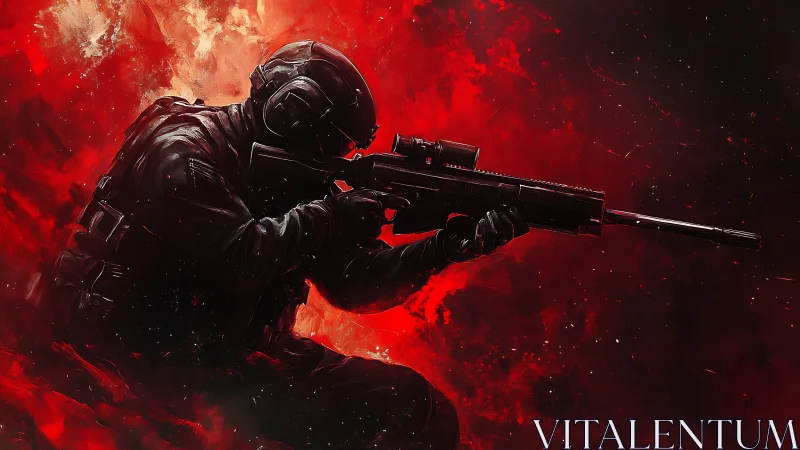 Tactical sniper silhouette merges with dynamic red nebula field