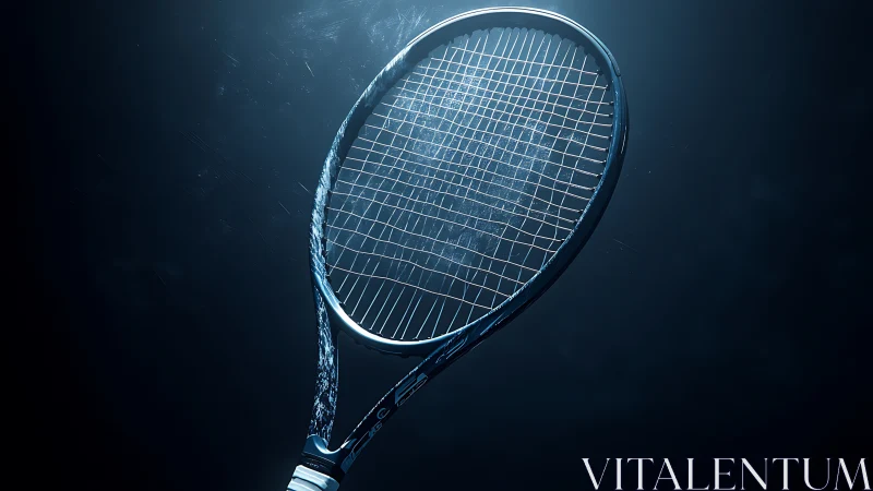 Tennis racket glows under dramatic blue studio spotlight.