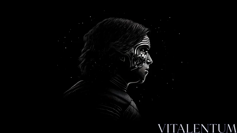 Cybernetic profile portrait merges human and circuitry form.