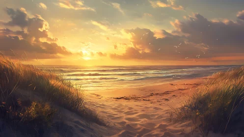 Golden sunset illuminates tranquil waves on a secluded shore